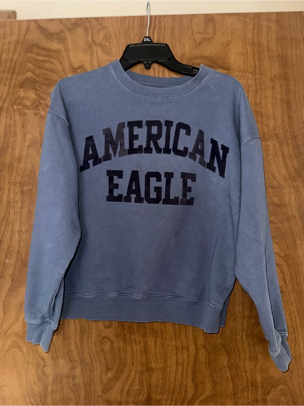 American Eagle Light Blue Pullover Sweatshirt with Navy Print
